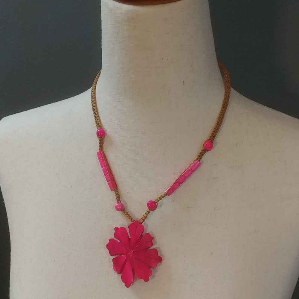 Pink Hibiscus Wooden Flower Adjustable Necklace Floral Pendant
